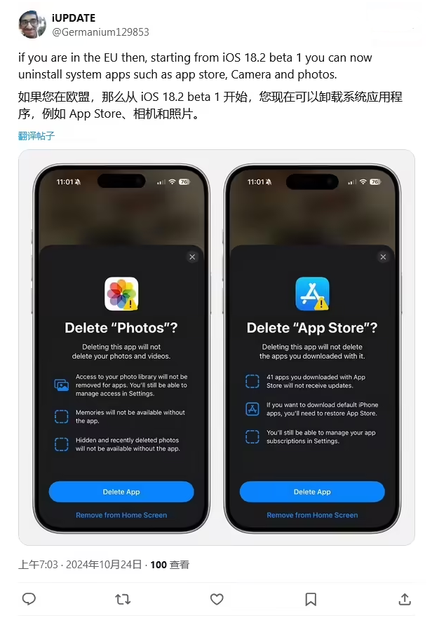 沙坪坝苹果手机维修分享iOS 18.2 支持删除 App Store 应用商店 