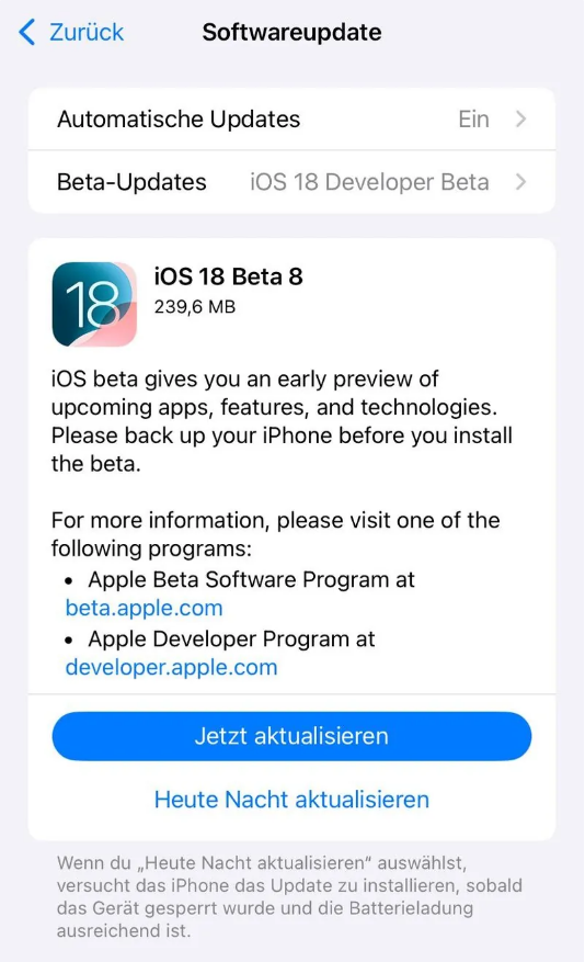 沙坪坝苹果手机维修分享苹果 iOS / iPadOS 18 开发者预览版 Beta 8 发布 